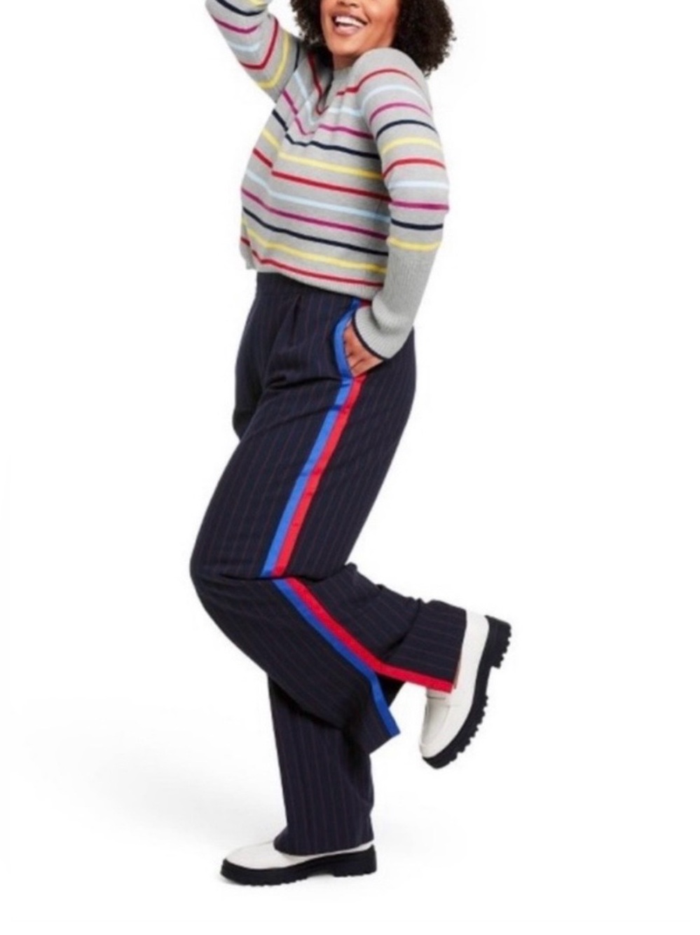 La Ligne Navy Pinstripe Wide-Leg Pants with Red & Blue Side Stripes